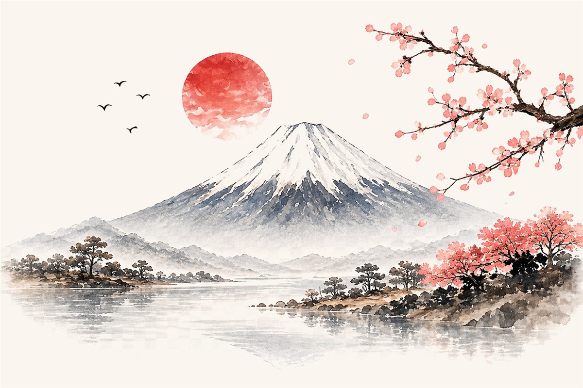 Watercolor of Mt. Fuji with a red sun, cherry blossoms and a still lake