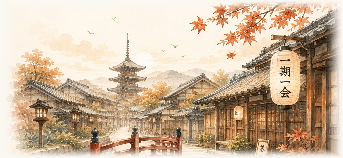 Watercolor of an autumn Kyoto street — wooden tea houses, a five-storied pagoda, a red bridge over a canal, maple leaves, and a paper lantern reading 一期一会