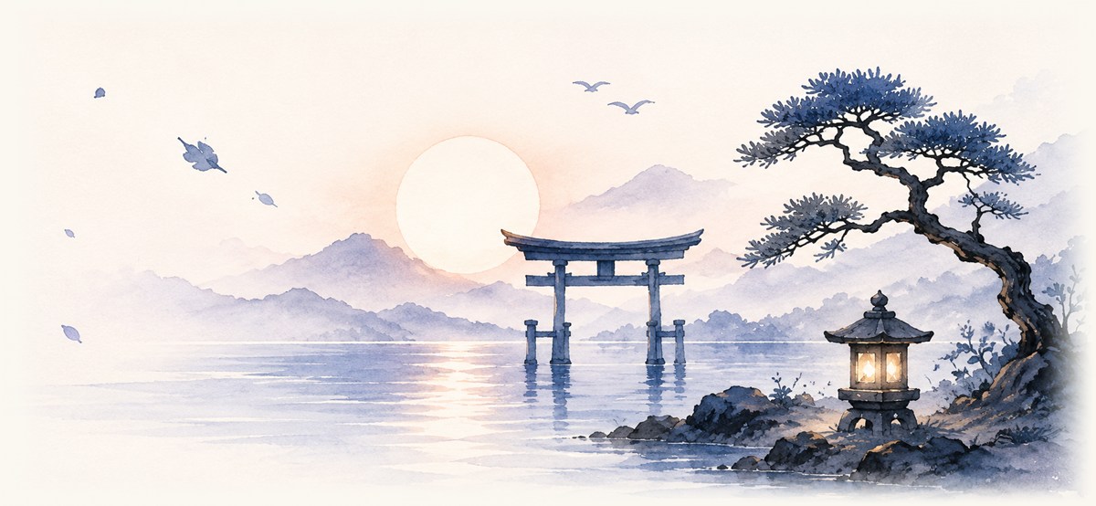 Watercolor of a torii gate standing in calm water at sunrise, a stone lantern and pine tree on the rocks, with misty mountains and birds