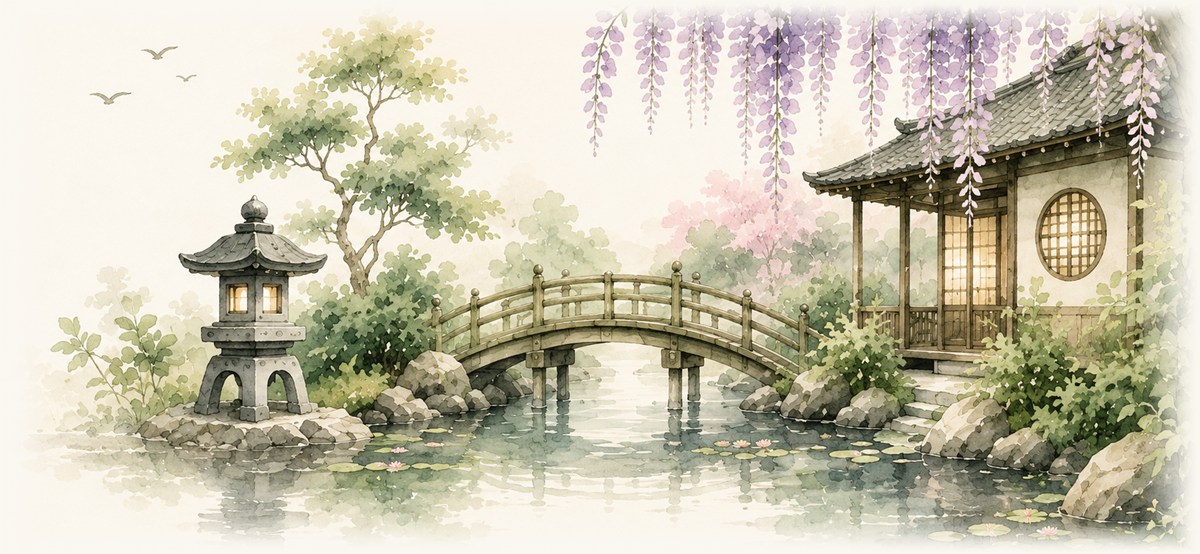 Watercolor of a Japanese garden — a stone lantern, an arched bridge over a koi pond, hanging wisteria and a tea house