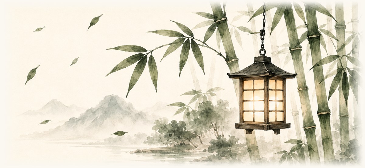 Watercolor of green bamboo and a hanging lantern by a shoji screen, with misty mountains