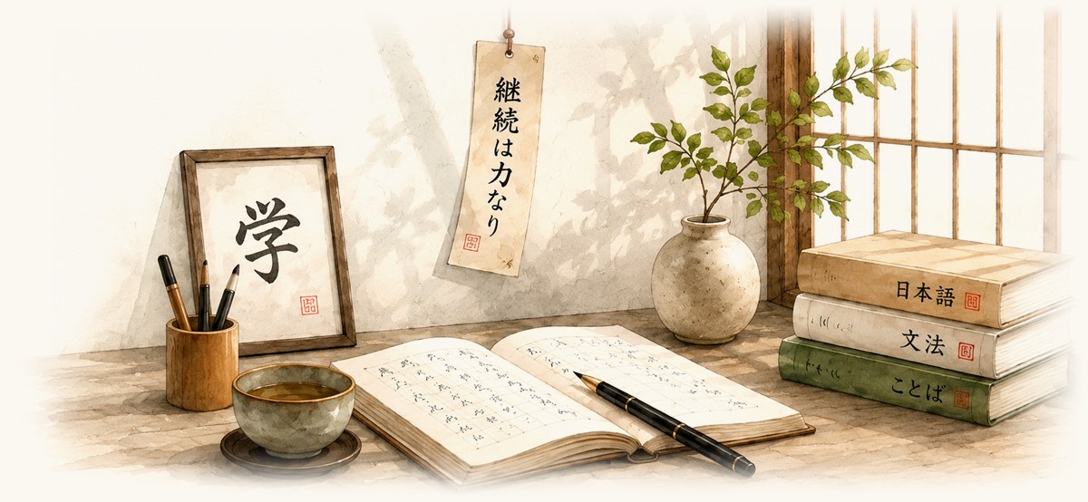Watercolor of a quiet study desk — framed 学 calligraphy, a brush pot and tea, an open notebook and Japanese books, with a hanging scroll reading 継続は力なり (persistence is power)